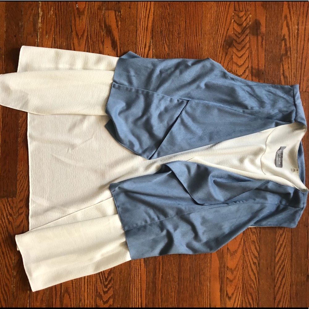 Blue/white cardigan.